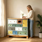 LIVARA 120cm 10-Drawer Storage Cabinet - Vintage Colour Block Design with Single-Door Storage for Living Room & Bedroom - Teal & Multi