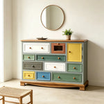 LIVARA 120cm 10-Drawer Storage Cabinet - Vintage Colour Block Design with Single-Door Storage for Living Room & Bedroom - Teal & Multi
