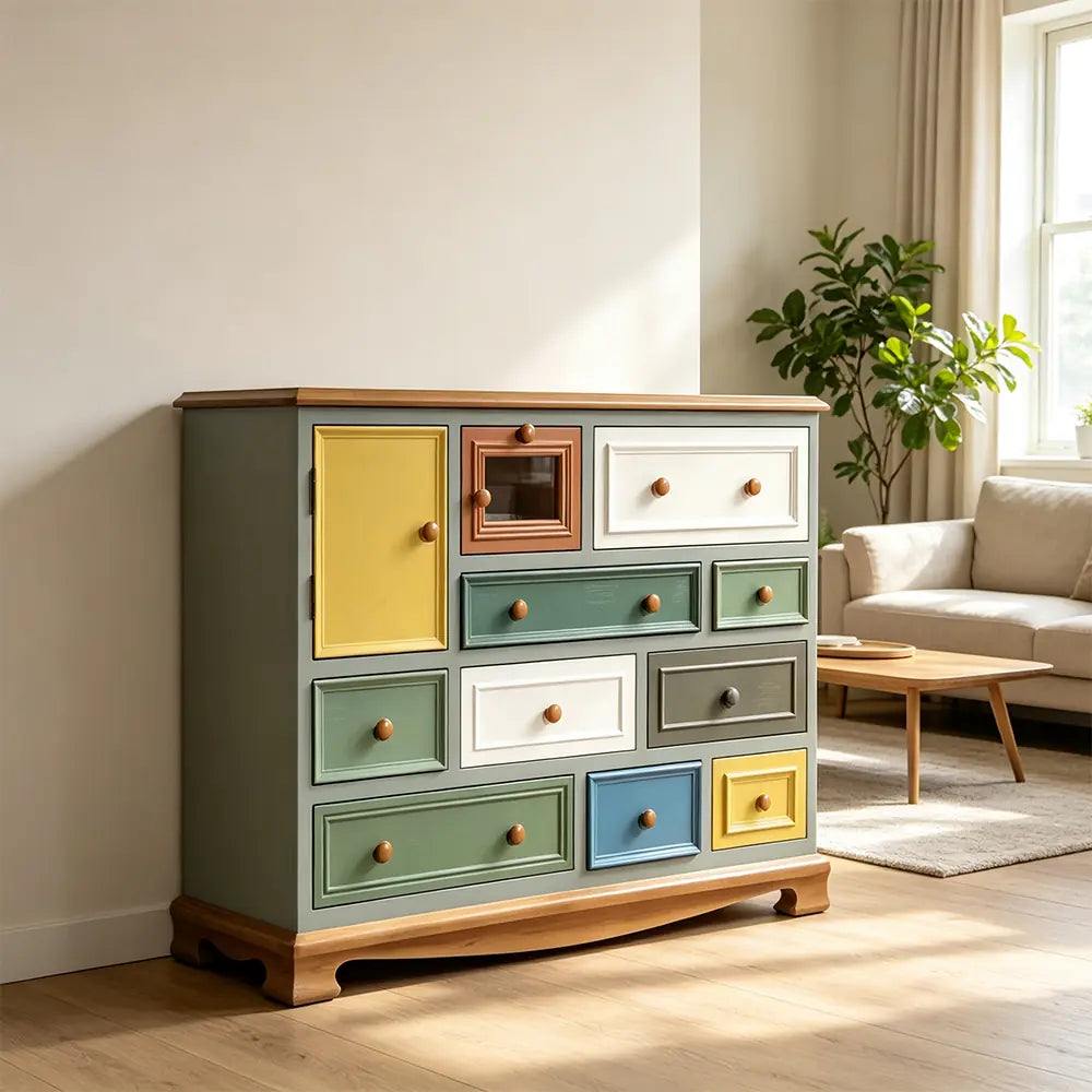 LIVARA 120cm 10-Drawer Storage Cabinet - Vintage Colour Block Design with Single-Door Storage for Living Room & Bedroom - Teal & Multi