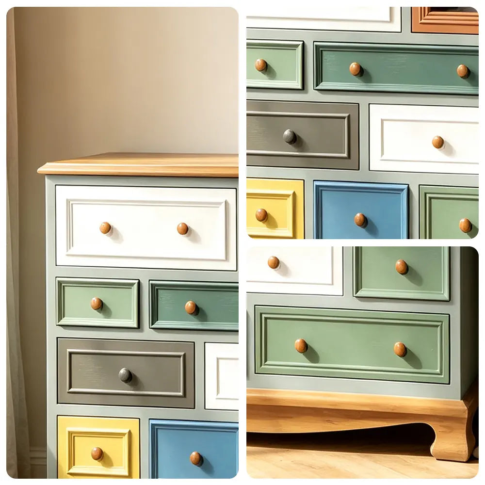 LIVARA 120cm 10-Drawer Storage Cabinet - Vintage Colour Block Design with Single-Door Storage for Living Room & Bedroom - Teal & Multi