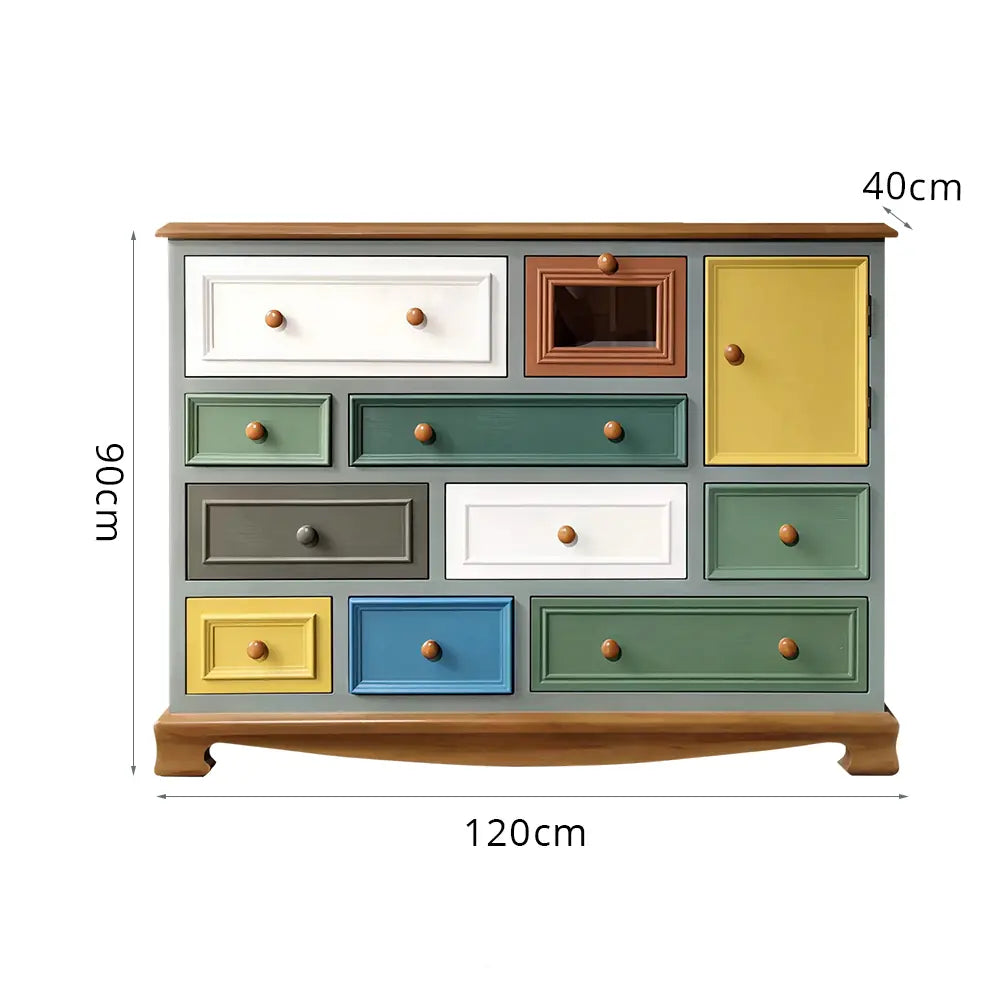 LIVARA 120cm 10-Drawer Storage Cabinet - Vintage Colour Block Design with Single-Door Storage for Living Room & Bedroom - Teal & Multi