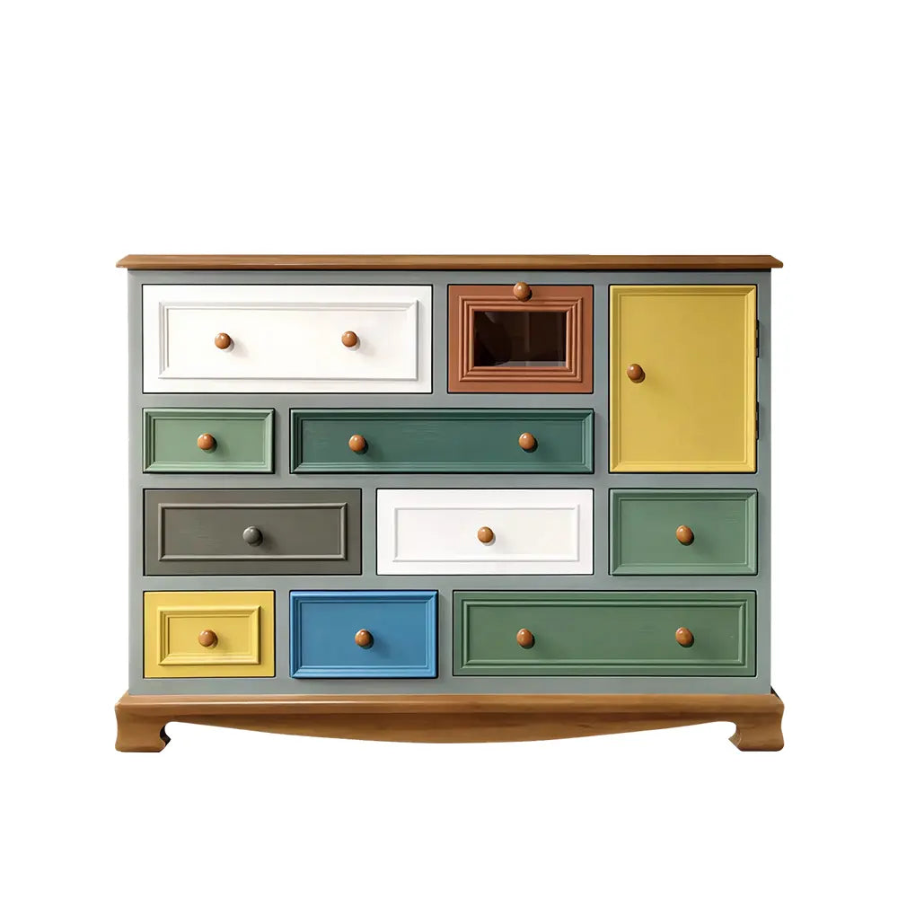 LIVARA 120cm 10-Drawer Storage Cabinet - Vintage Colour Block Design with Single-Door Storage for Living Room & Bedroom - Teal & Multi