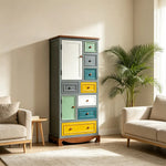 LIVARA 61cm 8-Drawer Storage Cabinet - Vintage Colour Block Design with Double Door Storage & Solid Wood Handles for Bedroom - Teal & Multi