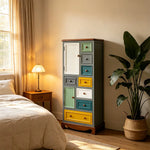 LIVARA 61cm 8-Drawer Storage Cabinet - Vintage Colour Block Design with Double Door Storage & Solid Wood Handles for Bedroom - Teal & Multi