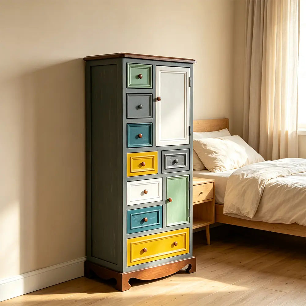 LIVARA 61cm 8-Drawer Storage Cabinet - Vintage Colour Block Design with Double Door Storage & Solid Wood Handles for Bedroom - Teal & Multi
