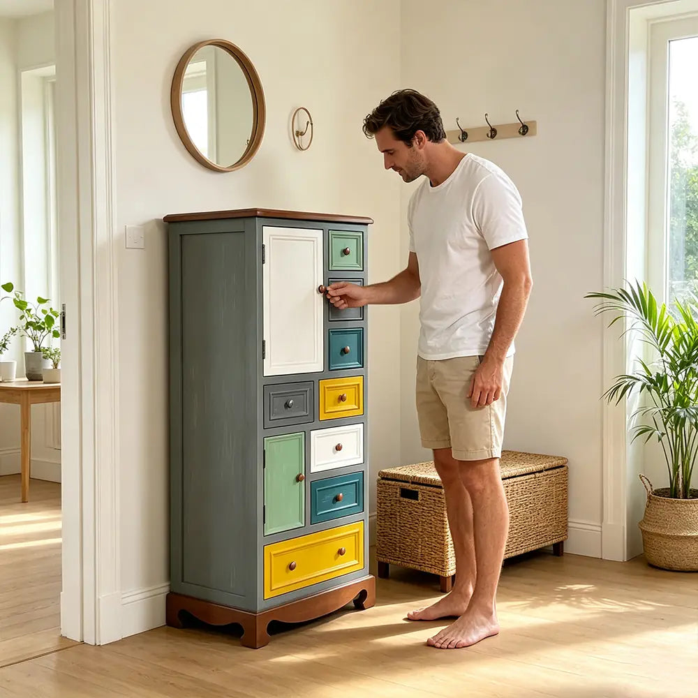 LIVARA 61cm 8-Drawer Storage Cabinet - Vintage Colour Block Design with Double Door Storage & Solid Wood Handles for Bedroom - Teal & Multi