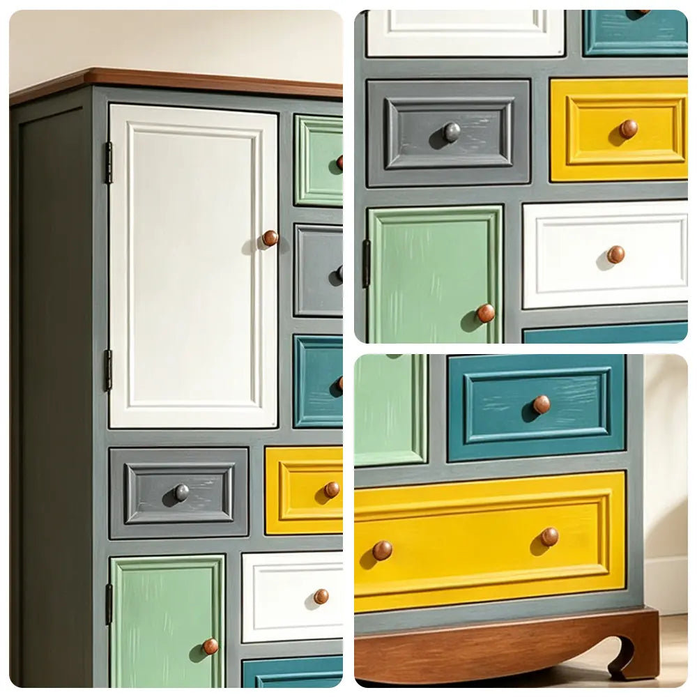 LIVARA 61cm 8-Drawer Storage Cabinet - Vintage Colour Block Design with Double Door Storage & Solid Wood Handles for Bedroom - Teal & Multi