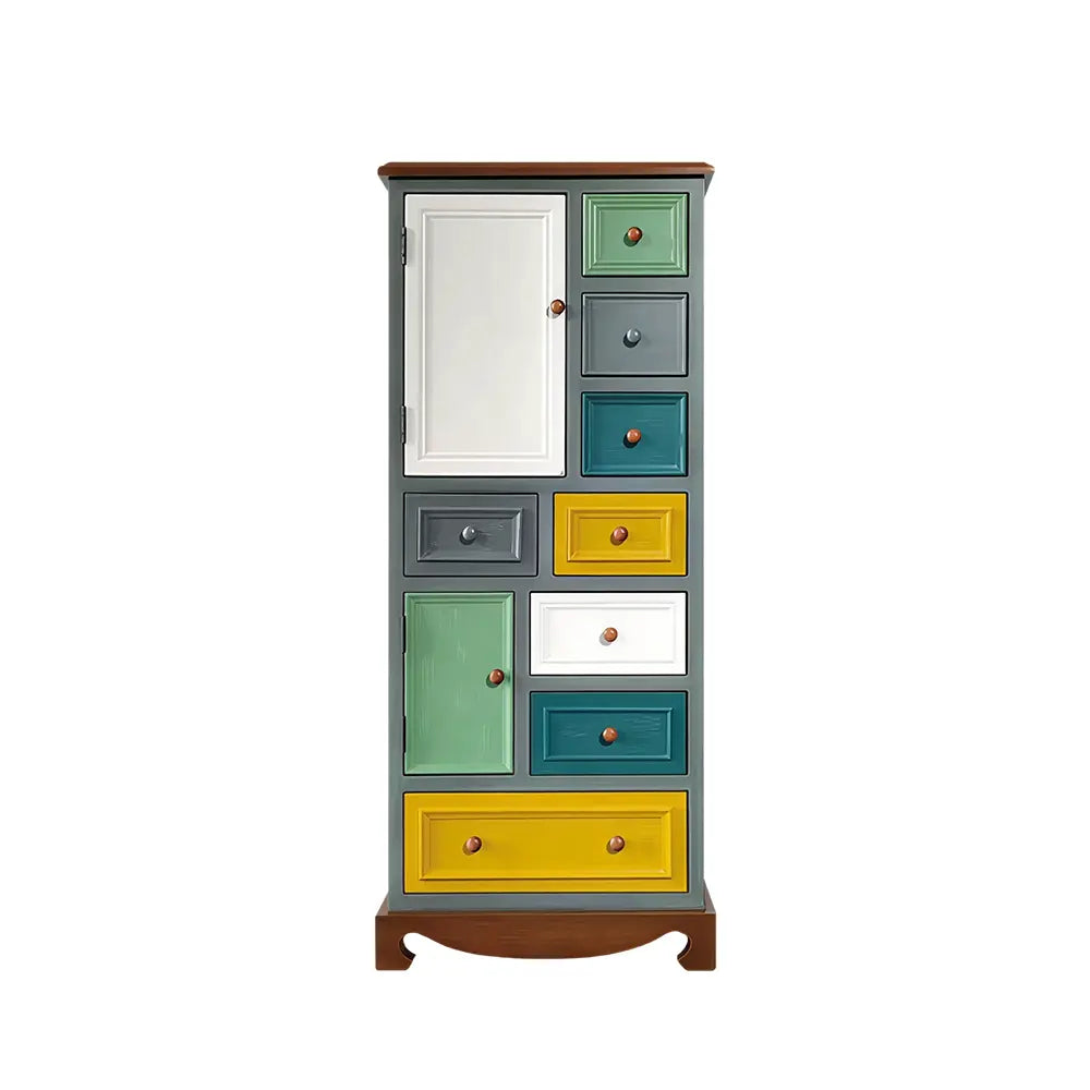 LIVARA 61cm 8-Drawer Storage Cabinet - Vintage Colour Block Design with Double Door Storage & Solid Wood Handles for Bedroom - Teal & Multi
