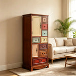 LIVARA 61cm 8-Drawer Storage Cabinet - Vintage Colour Block Design with Double Door Storage & Solid Wood Handles for Bedroom - Wood