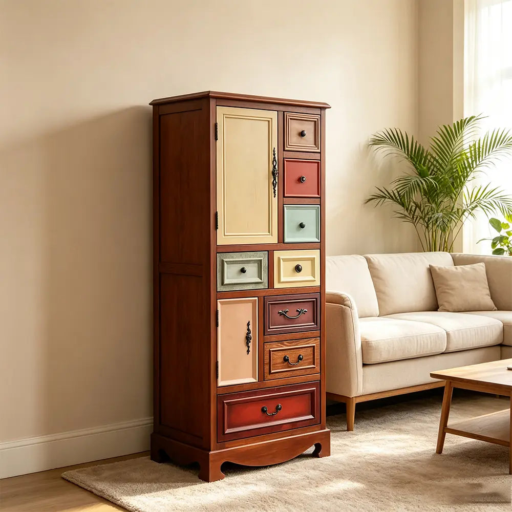LIVARA 61cm 8-Drawer Storage Cabinet - Vintage Colour Block Design with Double Door Storage & Solid Wood Handles for Bedroom - Wood