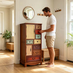 LIVARA 61cm 8-Drawer Storage Cabinet - Vintage Colour Block Design with Double Door Storage & Solid Wood Handles for Bedroom - Wood