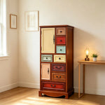 LIVARA 61cm 8-Drawer Storage Cabinet - Vintage Colour Block Design with Double Door Storage & Solid Wood Handles for Bedroom - Wood