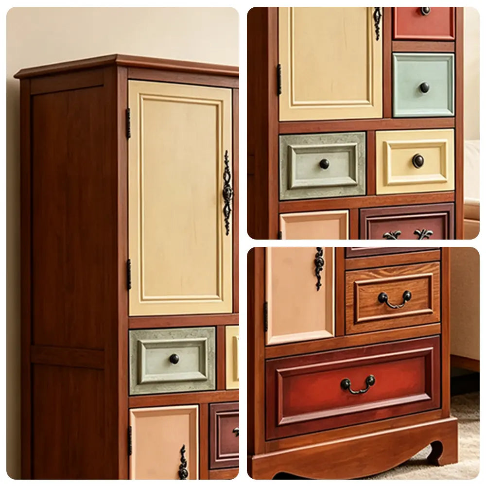 LIVARA 61cm 8-Drawer Storage Cabinet - Vintage Colour Block Design with Double Door Storage & Solid Wood Handles for Bedroom - Wood