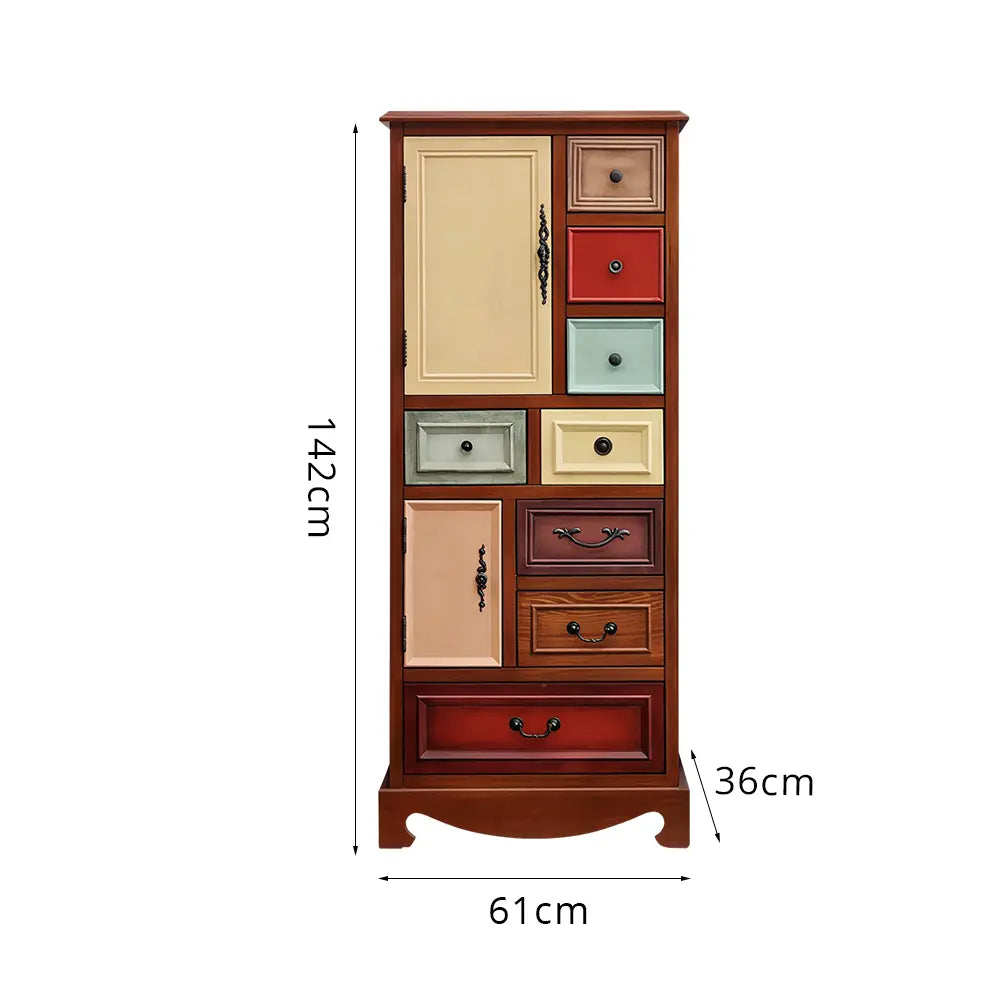 LIVARA 61cm 8-Drawer Storage Cabinet - Vintage Colour Block Design with Double Door Storage & Solid Wood Handles for Bedroom - Wood