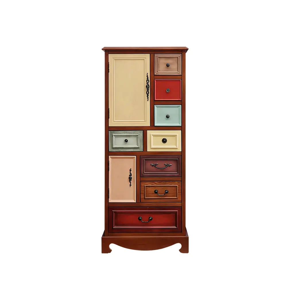 LIVARA 61cm 8-Drawer Storage Cabinet - Vintage Colour Block Design with Double Door Storage & Solid Wood Handles for Bedroom - Wood