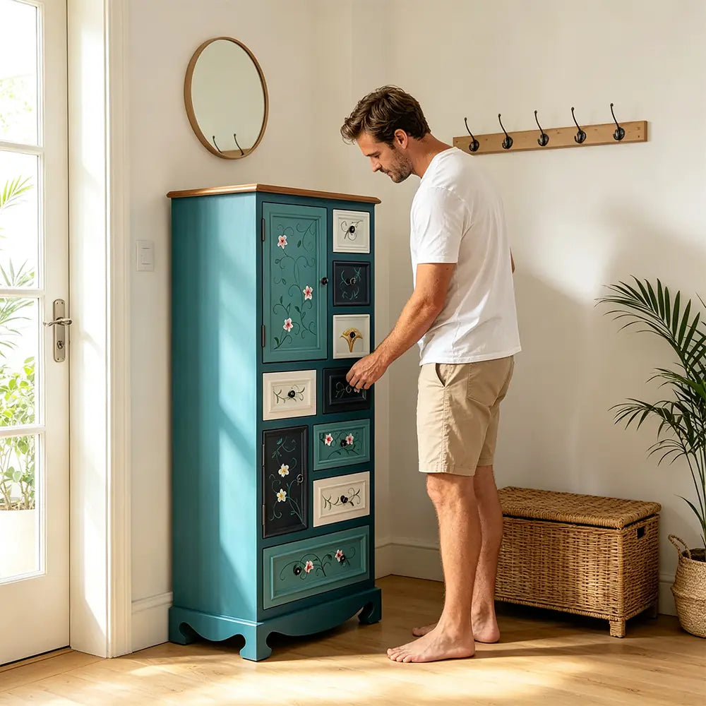 LIVARA 61cm 8-Drawer Storage Cabinet - Vintage Colour Block Design with Double Door Storage & Solid Wood Handles for Bedroom - Blue