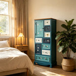 LIVARA 61cm 8-Drawer Storage Cabinet - Vintage Colour Block Design with Double Door Storage & Solid Wood Handles for Bedroom - Blue