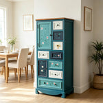 LIVARA 61cm 8-Drawer Storage Cabinet - Vintage Colour Block Design with Double Door Storage & Solid Wood Handles for Bedroom - Blue