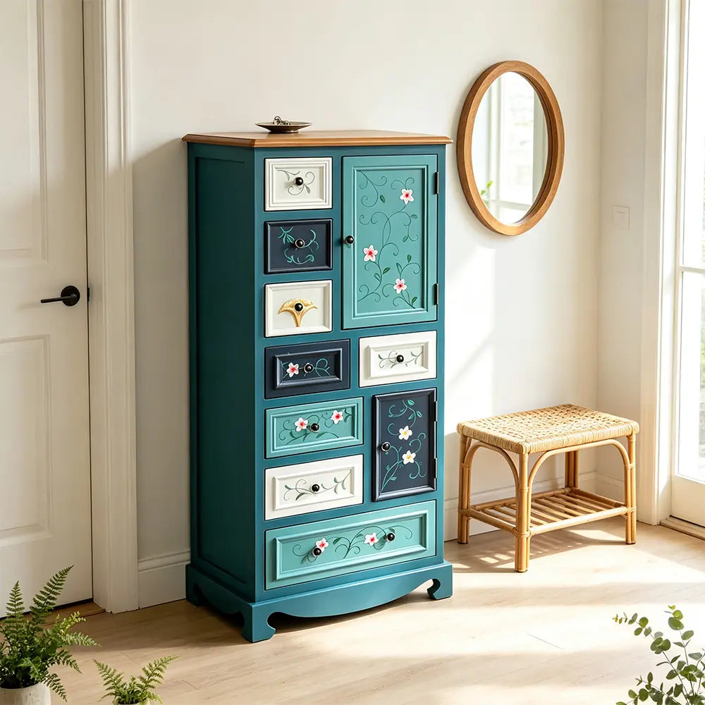 LIVARA 61cm 8-Drawer Storage Cabinet - Vintage Colour Block Design with Double Door Storage & Solid Wood Handles for Bedroom - Blue
