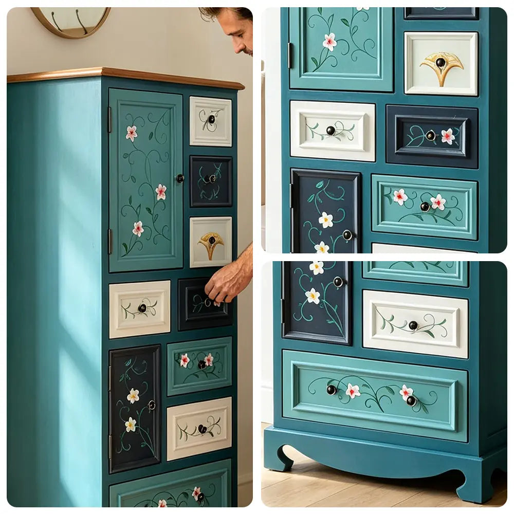 LIVARA 61cm 8-Drawer Storage Cabinet - Vintage Colour Block Design with Double Door Storage & Solid Wood Handles for Bedroom - Blue