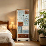 LIVARA 61cm 8-Drawer Storage Cabinet - Vintage Colour Block Design with Double Door Storage & Solid Wood Handles for Bedroom - White & Multi