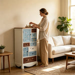 LIVARA 61cm 8-Drawer Storage Cabinet - Vintage Colour Block Design with Double Door Storage & Solid Wood Handles for Bedroom - White & Multi