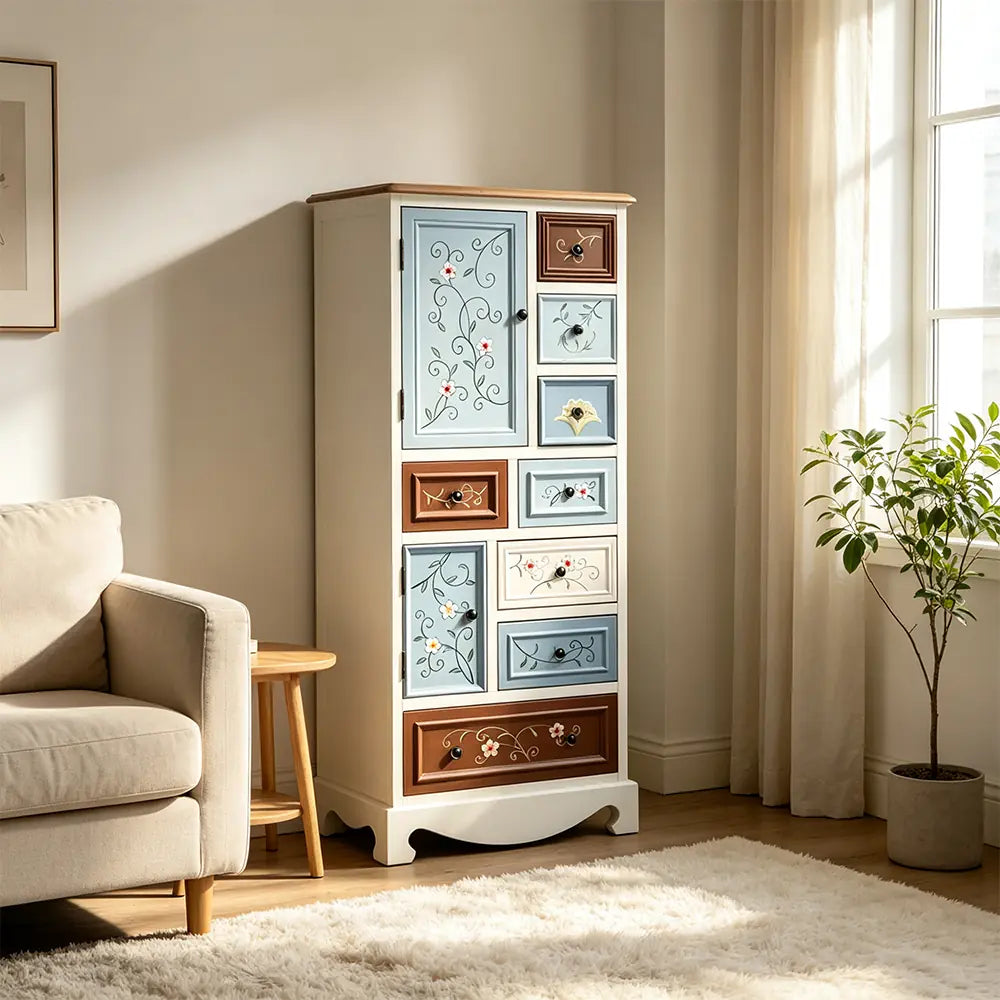 LIVARA 61cm 8-Drawer Storage Cabinet - Vintage Colour Block Design with Double Door Storage & Solid Wood Handles for Bedroom - White & Multi