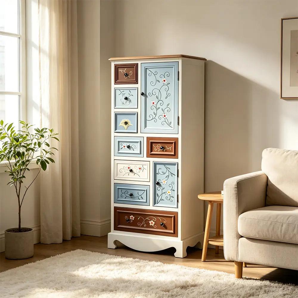 LIVARA 61cm 8-Drawer Storage Cabinet - Vintage Colour Block Design with Double Door Storage & Solid Wood Handles for Bedroom - White & Multi