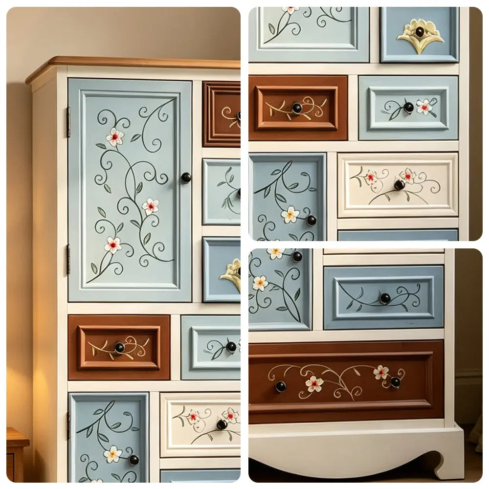 LIVARA 61cm 8-Drawer Storage Cabinet - Vintage Colour Block Design with Double Door Storage & Solid Wood Handles for Bedroom - White & Multi