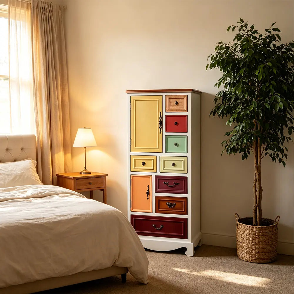 LIVARA 61cm 8-Drawer Storage Cabinet - Vintage Colour Block Design with Double Door Storage & Solid Wood Handles for Bedroom - White