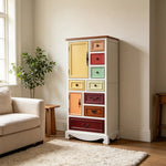 LIVARA 61cm 8-Drawer Storage Cabinet - Vintage Colour Block Design with Double Door Storage & Solid Wood Handles for Bedroom - White