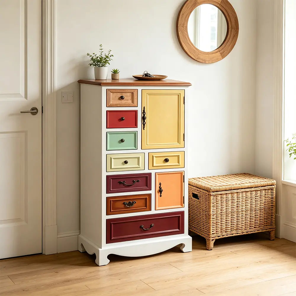 LIVARA 61cm 8-Drawer Storage Cabinet - Vintage Colour Block Design with Double Door Storage & Solid Wood Handles for Bedroom - White