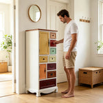 LIVARA 61cm 8-Drawer Storage Cabinet - Vintage Colour Block Design with Double Door Storage & Solid Wood Handles for Bedroom - White
