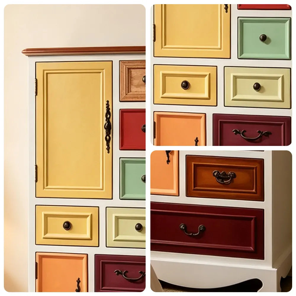 LIVARA 61cm 8-Drawer Storage Cabinet - Vintage Colour Block Design with Double Door Storage & Solid Wood Handles for Bedroom - White