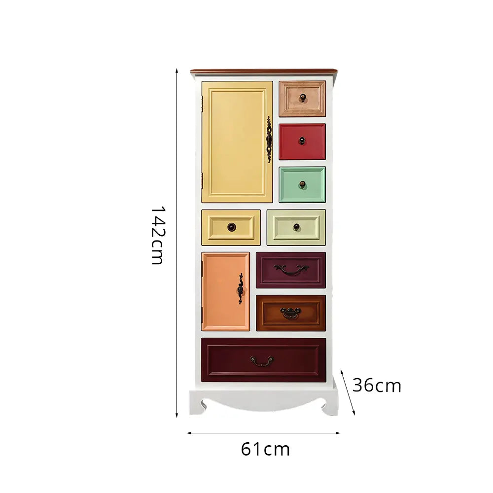 LIVARA 61cm 8-Drawer Storage Cabinet - Vintage Colour Block Design with Double Door Storage & Solid Wood Handles for Bedroom - White