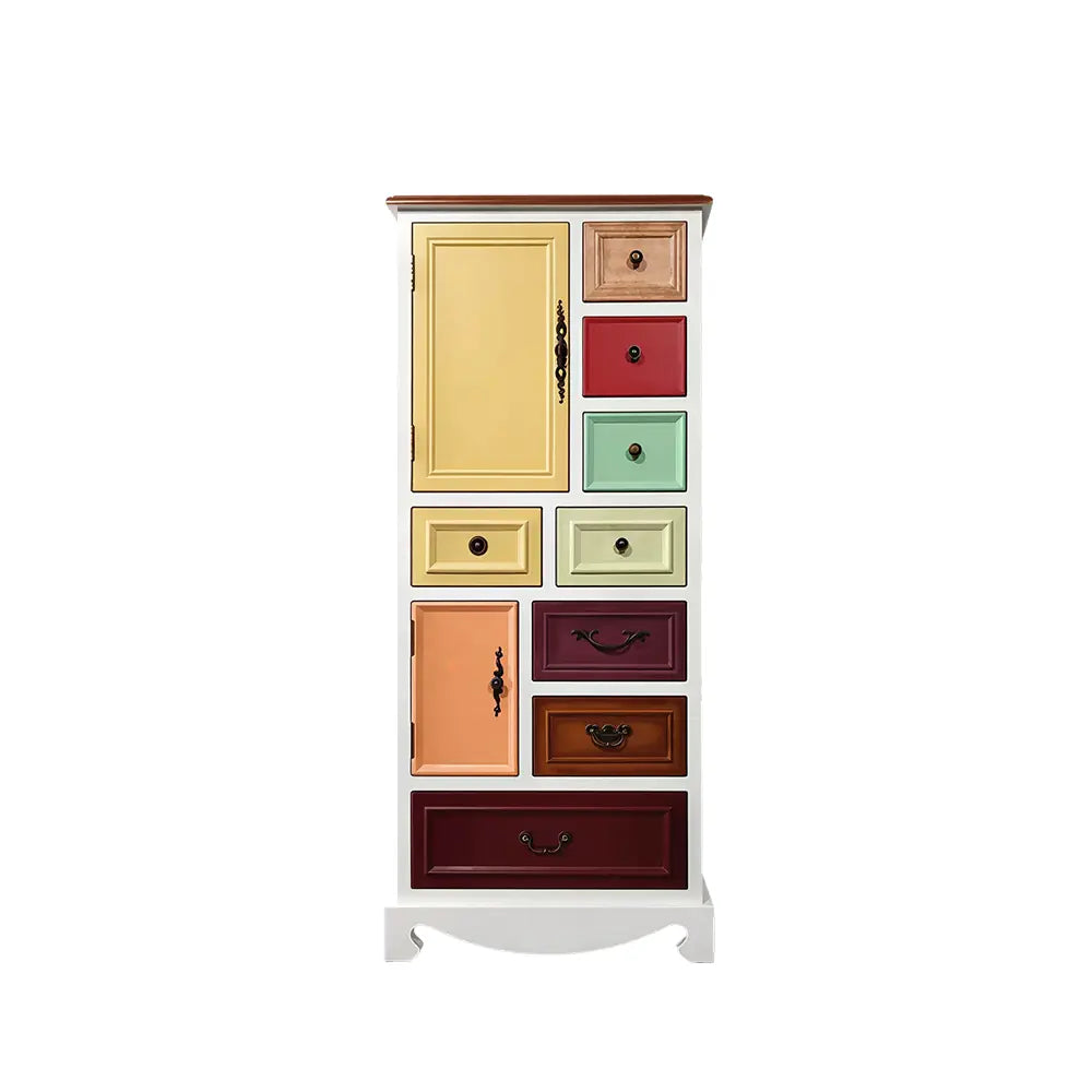 LIVARA 61cm 8-Drawer Storage Cabinet - Vintage Colour Block Design with Double Door Storage & Solid Wood Handles for Bedroom - White