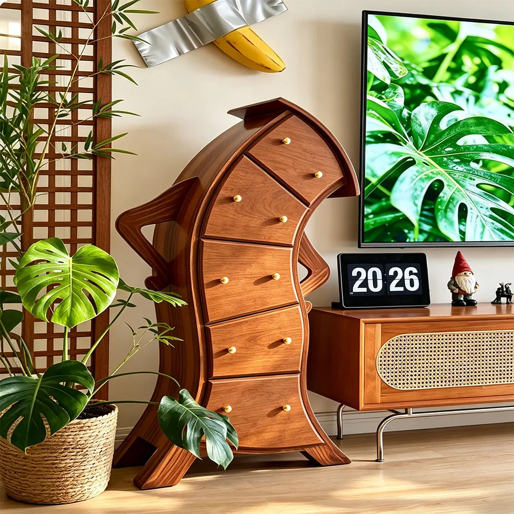 LIVARA Walnut 5-Drawer Storage Cabinet - Unique Curved Design with Brass Handles for Bedroom & Living Room - Walnut