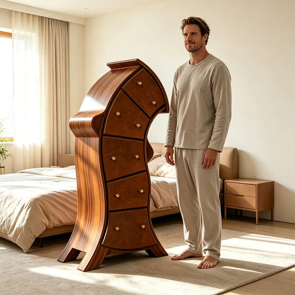 LIVARA Walnut 5-Drawer Storage Cabinet - Unique Curved Design with Brass Handles for Bedroom & Living Room - Walnut