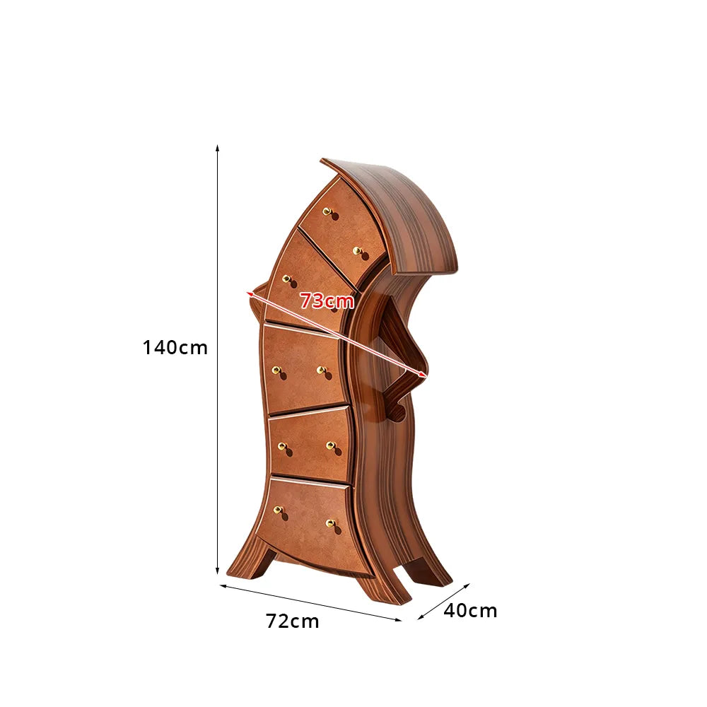 LIVARA Walnut 5-Drawer Storage Cabinet - Unique Curved Design with Brass Handles for Bedroom & Living Room - Walnut