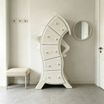 LIVARA Walnut 5-Drawer Storage Cabinet - Unique Curved Design with Brass Handles for Bedroom & Living Room - White