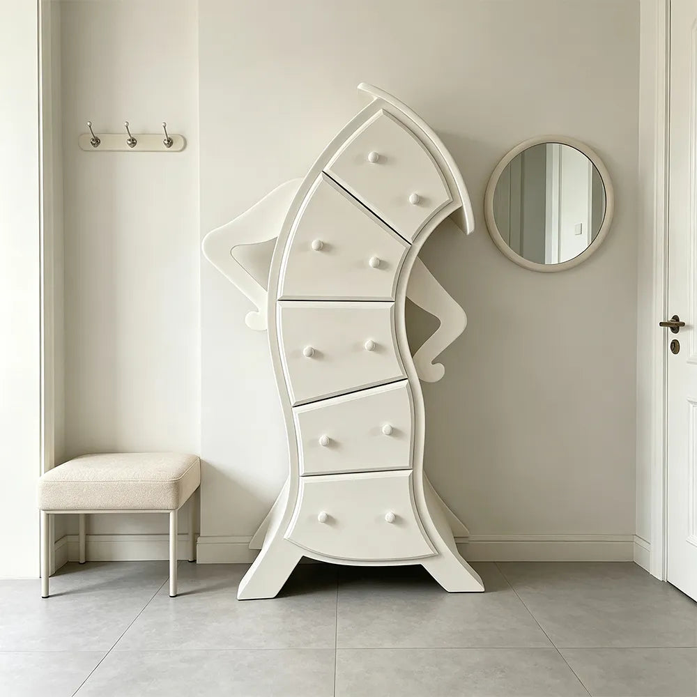 LIVARA Walnut 5-Drawer Storage Cabinet - Unique Curved Design with Brass Handles for Bedroom & Living Room - White