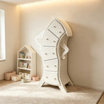 LIVARA Walnut 5-Drawer Storage Cabinet - Unique Curved Design with Brass Handles for Bedroom & Living Room - White