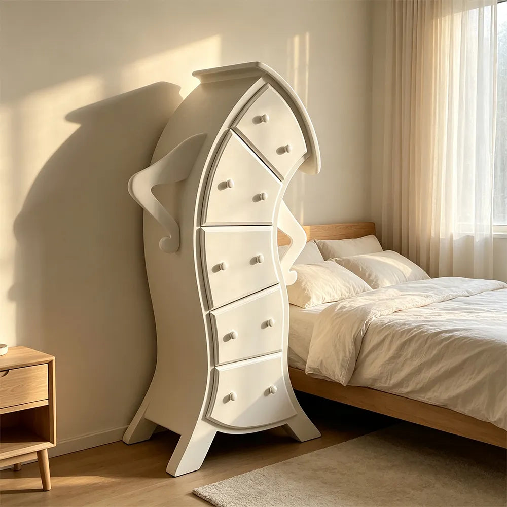 LIVARA Walnut 5-Drawer Storage Cabinet - Unique Curved Design with Brass Handles for Bedroom & Living Room - White