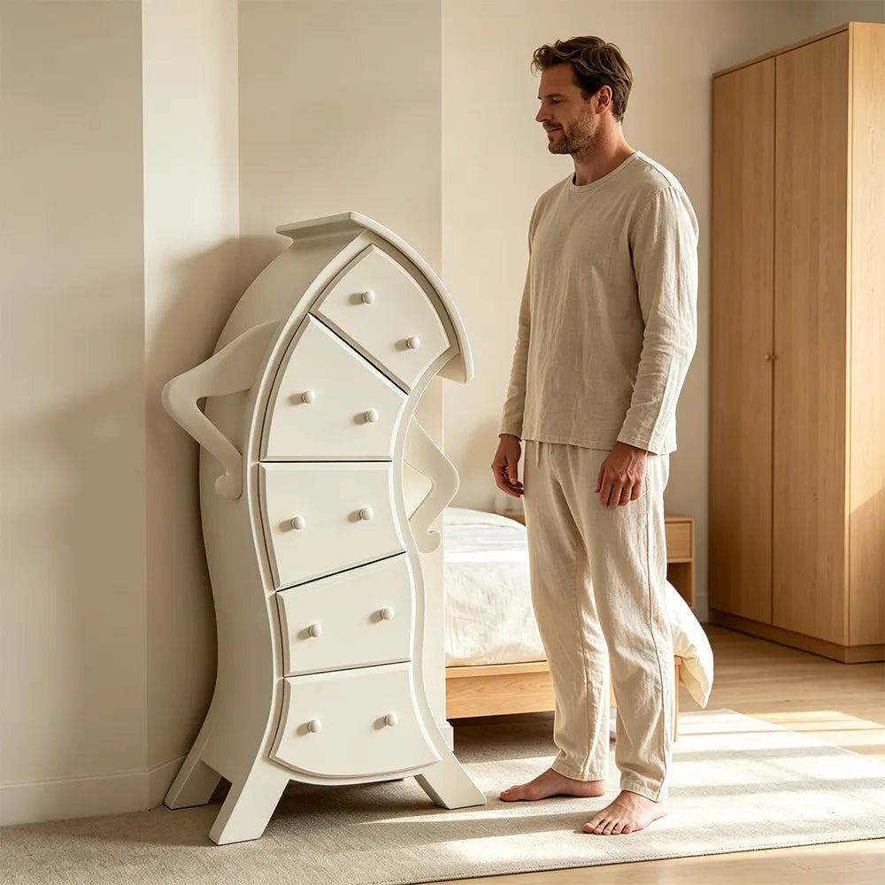 LIVARA Walnut 5-Drawer Storage Cabinet - Unique Curved Design with Brass Handles for Bedroom & Living Room - White