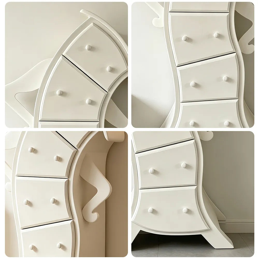 LIVARA Walnut 5-Drawer Storage Cabinet - Unique Curved Design with Brass Handles for Bedroom & Living Room - White