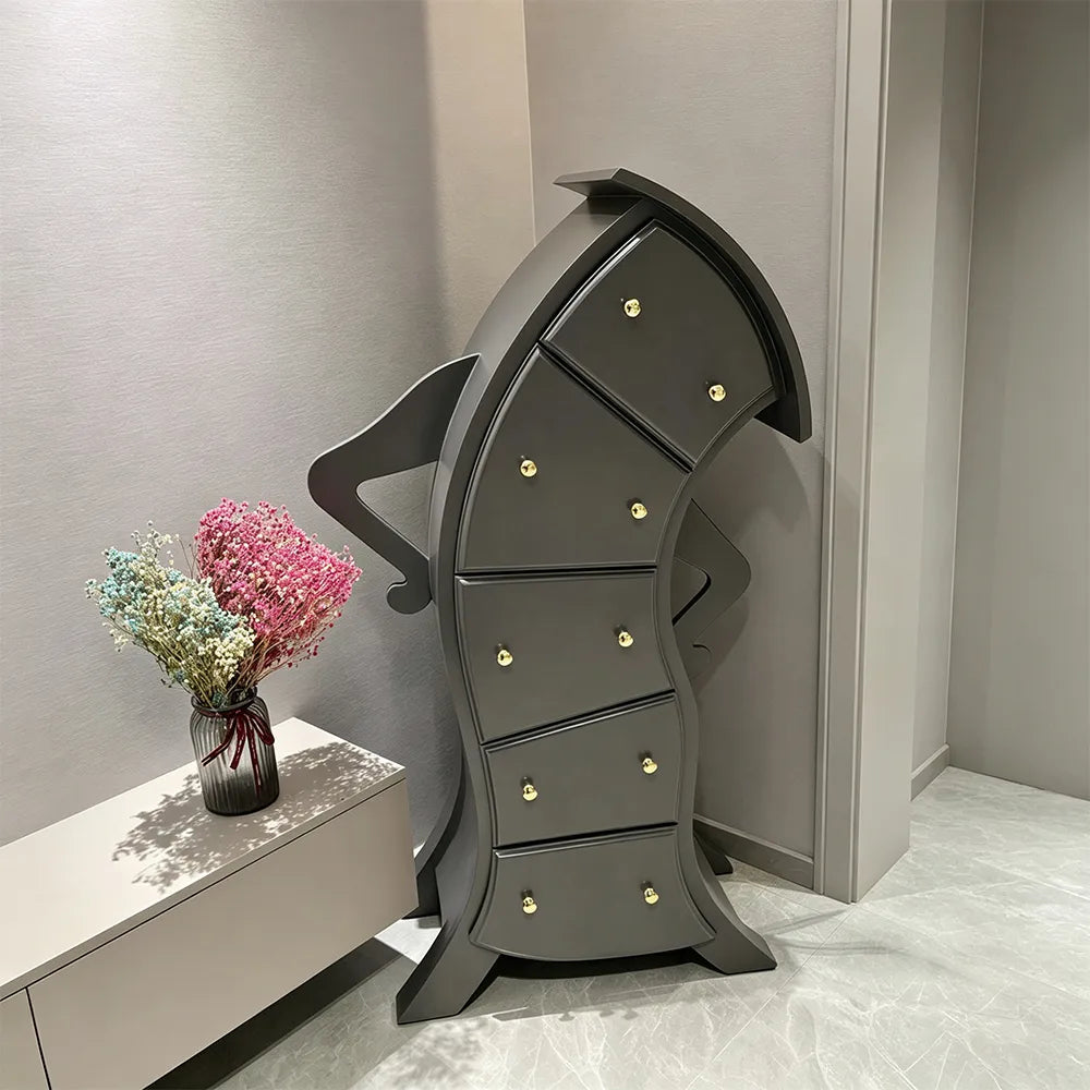 LIVARA Walnut 5-Drawer Storage Cabinet - Unique Curved Design with Brass Handles for Bedroom & Living Room - Grey