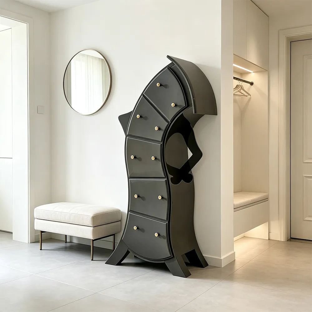 LIVARA Walnut 5-Drawer Storage Cabinet - Unique Curved Design with Brass Handles for Bedroom & Living Room - Grey