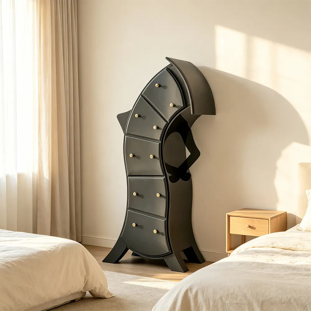 LIVARA Walnut 5-Drawer Storage Cabinet - Unique Curved Design with Brass Handles for Bedroom & Living Room - Grey