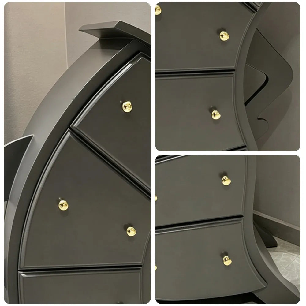 LIVARA Walnut 5-Drawer Storage Cabinet - Unique Curved Design with Brass Handles for Bedroom & Living Room - Grey