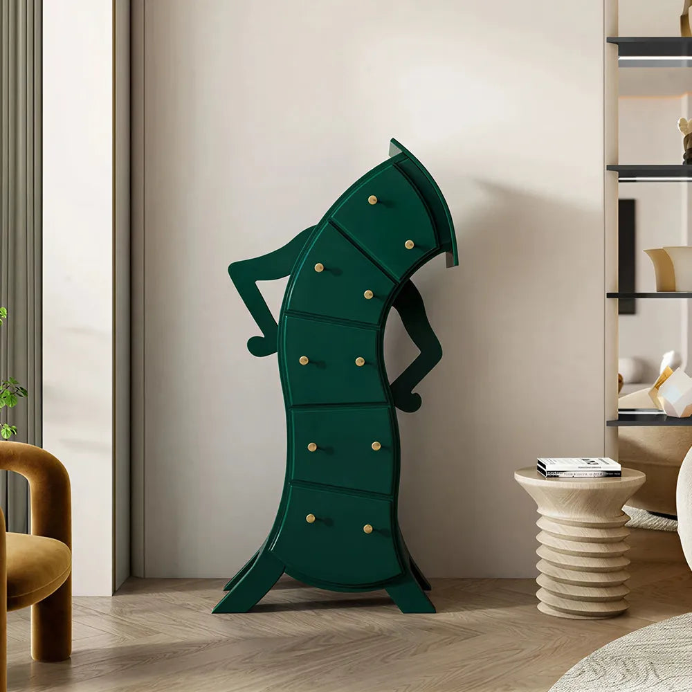 LIVARA Walnut 5-Drawer Storage Cabinet - Unique Curved Design with Brass Handles for Bedroom & Living Room - Green